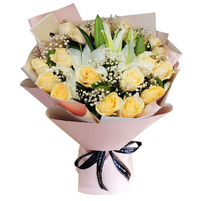 三亚17朵香槟玫瑰百合，爱不惧风雨