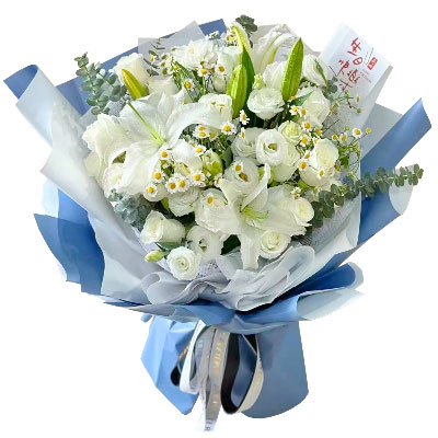 三亚11朵白玫瑰桔梗百合，爱永恒不息
